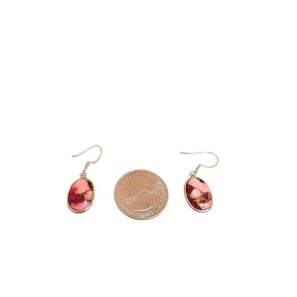 Rose Dahlia Stone Oval Dangle Earrings – 925 Sterling Silver - Picture 2 of 3